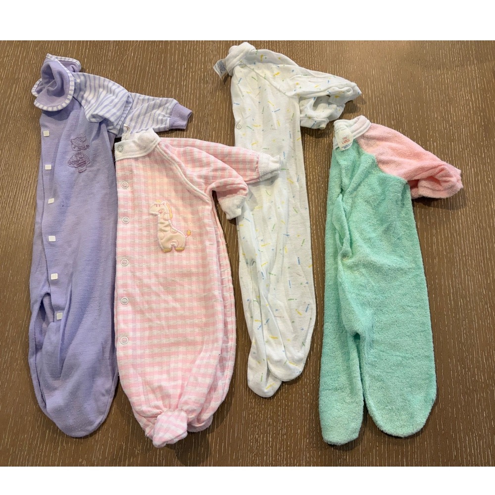 Vintage Baby Girls 0-3 Months Footed Sleeper Lot 4 Pastel Terry Cloth Giraffe